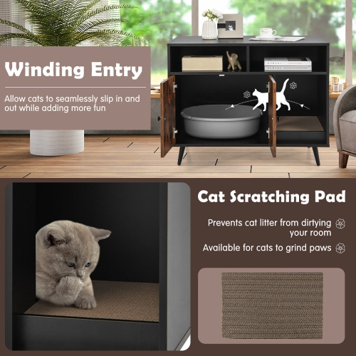 Gymax Cat Litter Box Enclosure w/ Scratching Pad End Table Nightstand Hidden Washroom