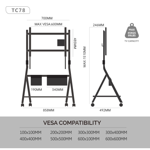FITUEYES Design Corner Floor TV Stand with Mount for 55 60 65 70 75 78 Inch TV, Height Adjustable Mobile TV Stand with Storage Universal Wheel, Shelf