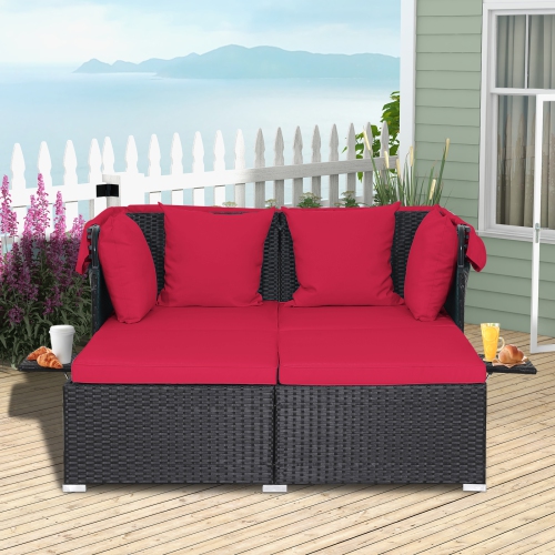 Topbuy Outdoor Daybed with Retractable Canopy PE Rattan Sunbed with Soft Cushions & Pillows 2 Folding Side Trays Red/Off White