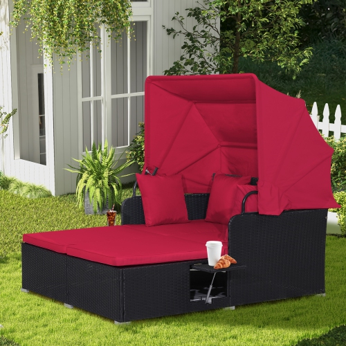 Topbuy Outdoor Daybed with Retractable Canopy PE Rattan Sunbed with Soft Cushions & Pillows 2 Folding Side Trays Red/Off White