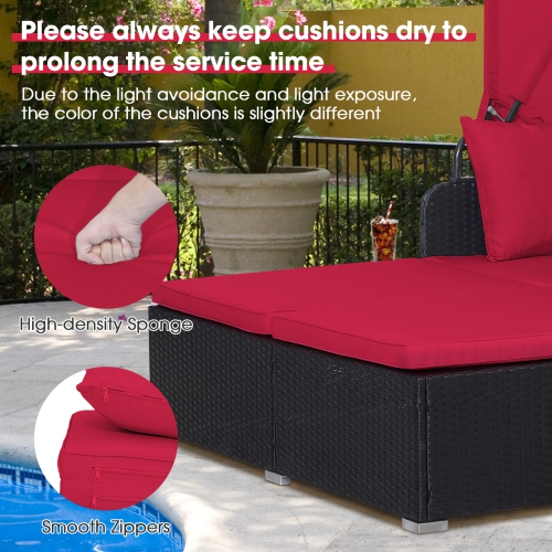Topbuy Outdoor Daybed with Retractable Canopy PE Rattan Sunbed with Soft Cushions & Pillows 2 Folding Side Trays Red/Off White