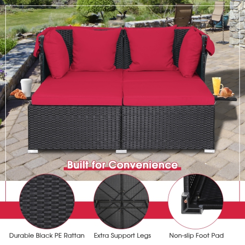 Topbuy Outdoor Daybed with Retractable Canopy PE Rattan Sunbed with Soft Cushions & Pillows 2 Folding Side Trays Red/Off White