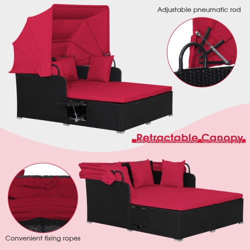 Topbuy Outdoor Daybed with Retractable Canopy PE Rattan Sunbed with Soft Cushions & Pillows 2 Folding Side Trays Red/Off White