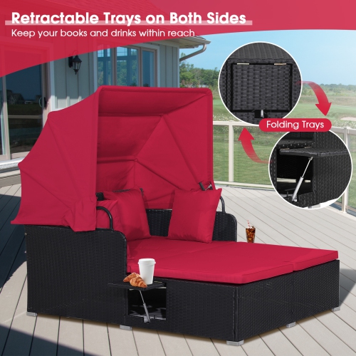 Topbuy Outdoor Daybed with Retractable Canopy PE Rattan Sunbed with Soft Cushions & Pillows 2 Folding Side Trays Red/Off White