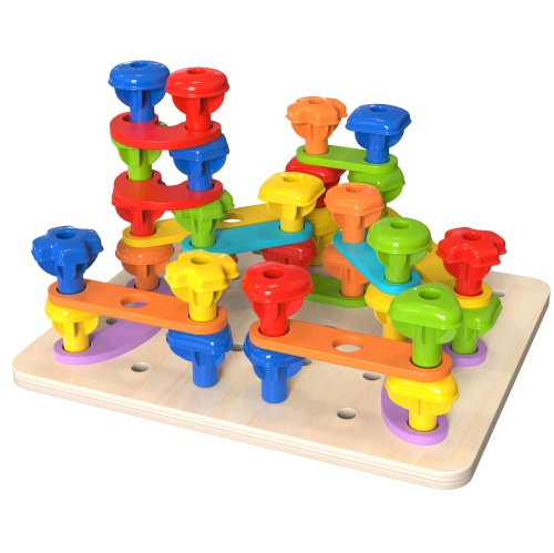 TOOKYLAND Peg Board Stacking Toy - 53pcs - Colour and Shape Matching Game with Lacing Beads, Learning Sensory Pegboard Set for Kids 3 Years Old +