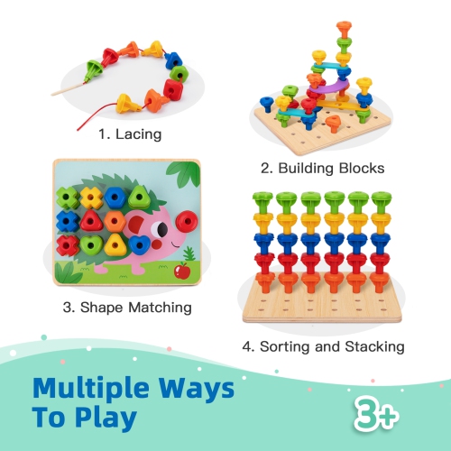 TOOKYLAND Peg Board Stacking Toy - 53pcs - Colour and Shape Matching Game with Lacing Beads, Learning Sensory Pegboard Set for Kids 3 Years Old +