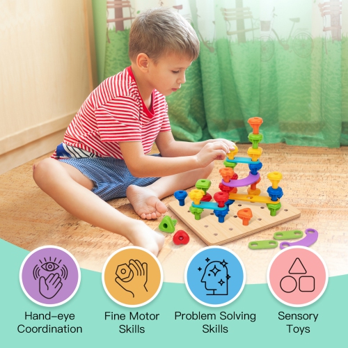TOOKYLAND Peg Board Stacking Toy - 53pcs - Colour and Shape Matching Game with Lacing Beads, Learning Sensory Pegboard Set for Kids 3 Years Old +