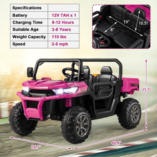 Gymax 12V 2 Seater Ride On UTV Dump Truck Remote w/ Electric Dump Bed & Shovel Pink