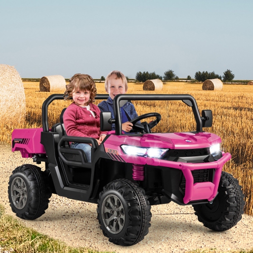 Gymax 12V 2 Seater Ride On UTV Dump Truck Remote w/ Electric Dump Bed & Shovel Pink