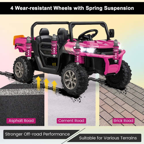 Gymax 12V 2 Seater Ride On UTV Dump Truck Remote w/ Electric Dump Bed & Shovel Pink
