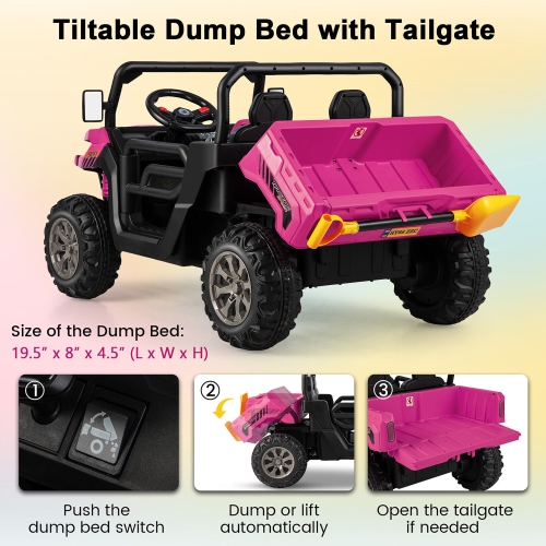 Gymax 12V 2 Seater Ride On UTV Dump Truck Remote w/ Electric Dump Bed & Shovel Pink