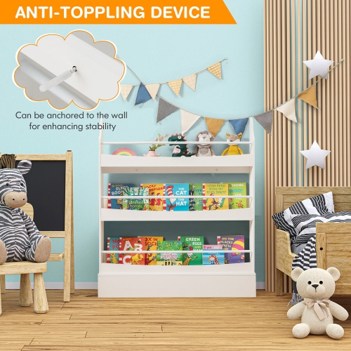 Gymax 3-Tier Kids Bookshelf Toy Storage Bookcase Rack Wall w/ Anti-toppling Kits