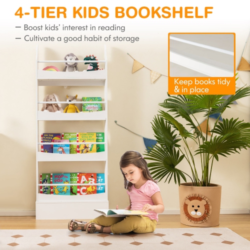 Gymax 4-Tier Kids Bookshelf Toy Storage Bookcase Rack Wall w/ Anti-toppling Kits