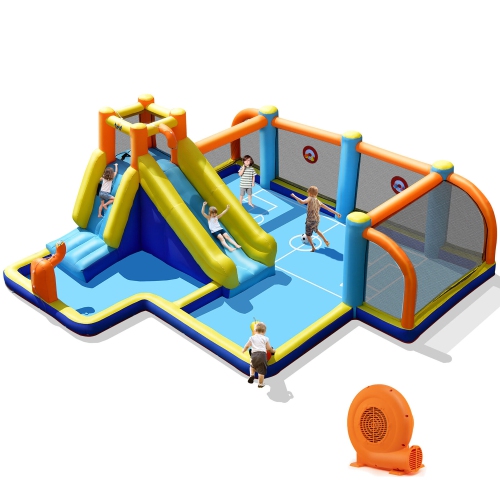 GYMAX  Giant Soccer-Themed Inflatable Water Slide Bouncer Splash Pool With 750W Blower