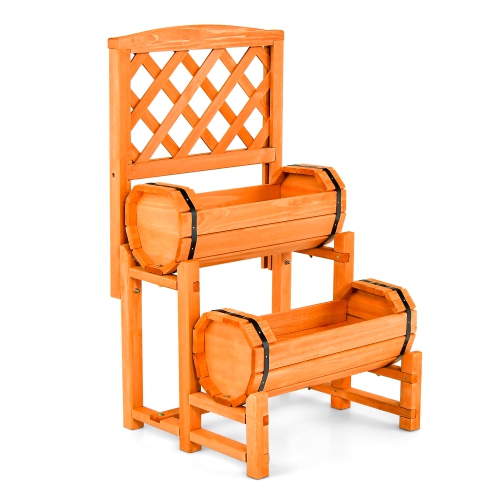 Gymax 2-Tier Wooden Raised Garden Bed Container w/2 Cylindrical Planter Boxes & Trellis