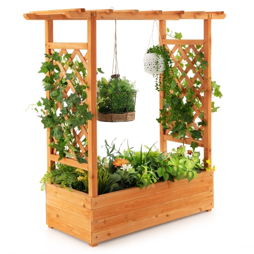 GYMAX  Raised Garden Bed Planter Box W/ Side & Top Trellis for Vine Climbing Plants