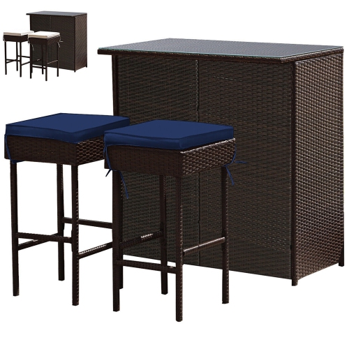 GYMAX  3PCs Rattan Patio Bar Table & Stool Set Dining Set W/ Navy & Off Cushion In White