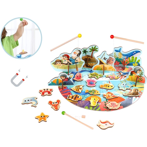 TOOKYLAND Jeu de Pêche Magnétique en Bois- 66pcs - Inclus 20 Pièces à Pêcher, Casse-tête, 3 Cannes et un Baril de Rangement, 3 Ans +