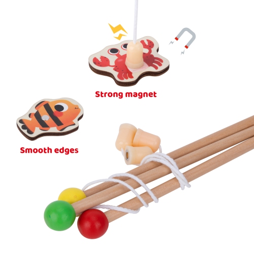 TOOKYLAND Jeu de Pêche Magnétique en Bois- 66pcs - Inclus 20 Pièces à Pêcher, Casse-tête, 3 Cannes et un Baril de Rangement, 3 Ans +