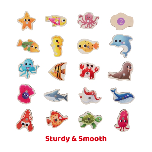 TOOKYLAND Jeu de Pêche Magnétique en Bois- 66pcs - Inclus 20 Pièces à Pêcher, Casse-tête, 3 Cannes et un Baril de Rangement, 3 Ans +