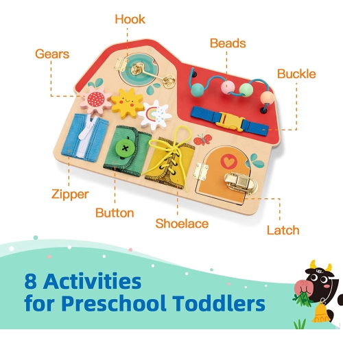TOOKYLAND Wooden Busy Board - Montessori Activity Board, Preschool Learning Sensory Toy for Kids 3 Years Old +