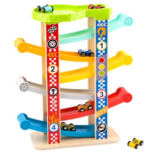 TOOKYLAND Rampes de Course pour Voitures Jouets - 8pcs - Ensemble de Piste de Course à Gravité avec Véhicules en Bois, pour Enfants de 18 Mois +