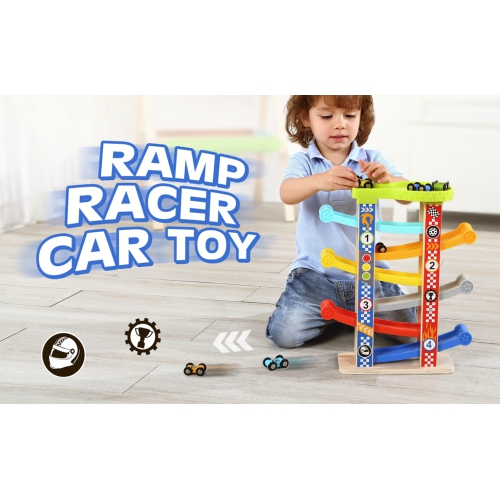 TOOKYLAND Toy Car Ramp Racer - 8pcs - Gravity Race Track Play Set with Wooden Cars, for Toddlers 18 Months Old +