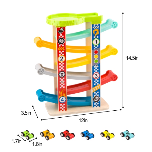 TOOKYLAND Toy Car Ramp Racer - 8pcs - Gravity Race Track Play Set with Wooden Cars, for Toddlers 18 Months Old +