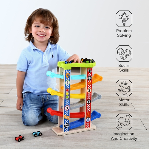 TOOKYLAND Toy Car Ramp Racer - 8pcs - Gravity Race Track Play Set with Wooden Cars, for Toddlers 18 Months Old +