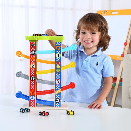 TOOKYLAND Toy Car Ramp Racer - 8pcs - Gravity Race Track Play Set with Wooden Cars, for Toddlers 18 Months Old +