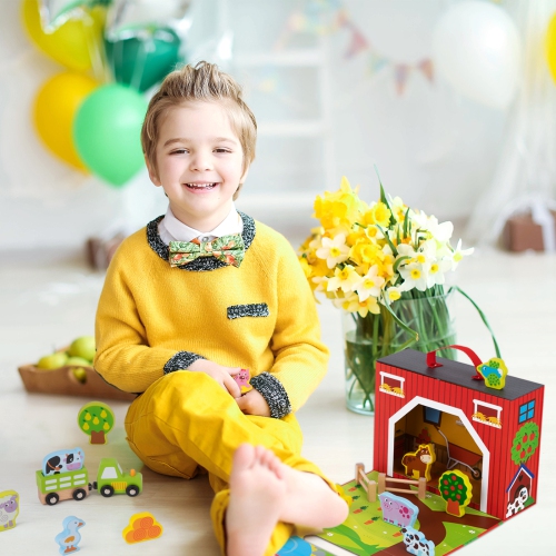 TOOKYLAND Farm Barn Box Playset - 17pcs - Portable Toy Set with Wooden Figurines, Animals and Accessories, Ages 3+