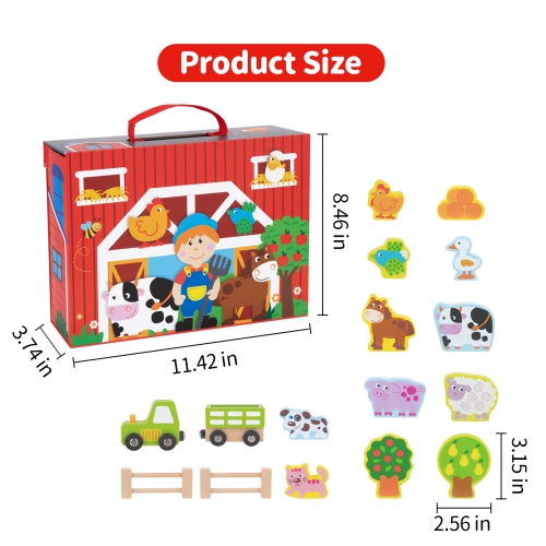 TOOKYLAND Farm Barn Box Playset - 17pcs - Portable Toy Set with Wooden Figurines, Animals and Accessories, Ages 3+