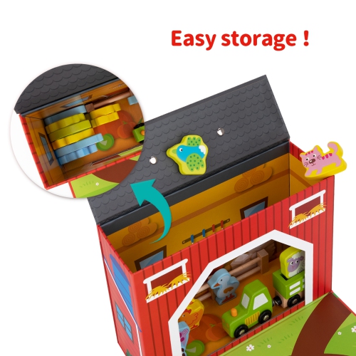 TOOKYLAND Farm Barn Box Playset - 17pcs - Portable Toy Set with Wooden Figurines, Animals and Accessories, Ages 3+