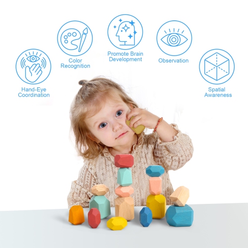 TOOKYLAND Wooden Stacking Stones Toy - 16pcs - Balancing Building Blocks Set for Kids 3 Years +