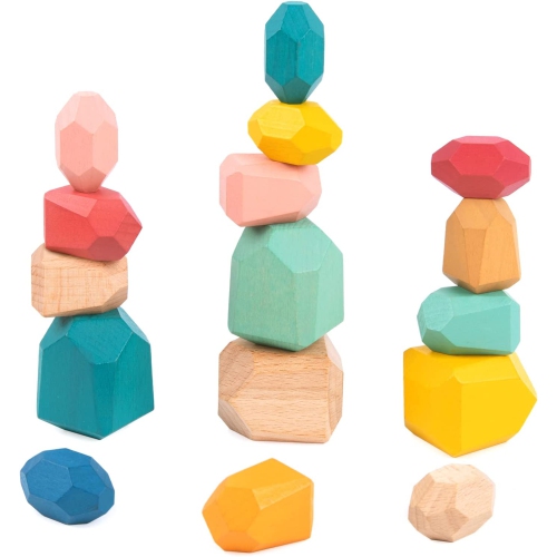 TOOKYLAND Wooden Stacking Stones Toy - 16pcs - Balancing Building Blocks Set for Kids 3 Years +