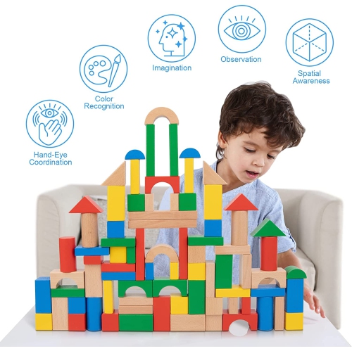 TOOKYLAND Wooden Building Blocks Set - 100 Piece Wood Stacking Blocks, Toy for Toddlers 1 Year Old +