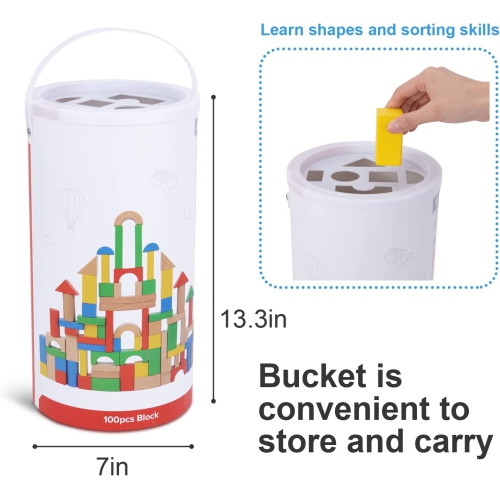 TOOKYLAND Wooden Building Blocks Set - 100 Piece Wood Stacking Blocks, Toy for Toddlers 1 Year Old +