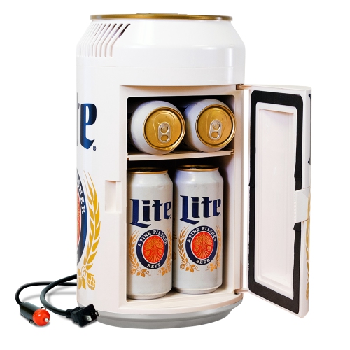 Miller Lite 8 Can Portable Mini Fridge w/ 12V DC and 110V AC Cords, 5.4L Beer Can Shaped Personal Cooler, White, Travel Fridge for Beer, Snacks,
