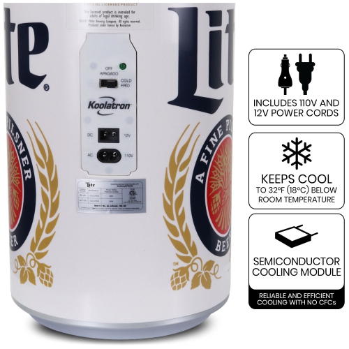 Miller Lite 8 Can Portable Mini Fridge w/ 12V DC and 110V AC Cords, 5.4L Beer Can Shaped Personal Cooler, White, Travel Fridge for Beer, Snacks,