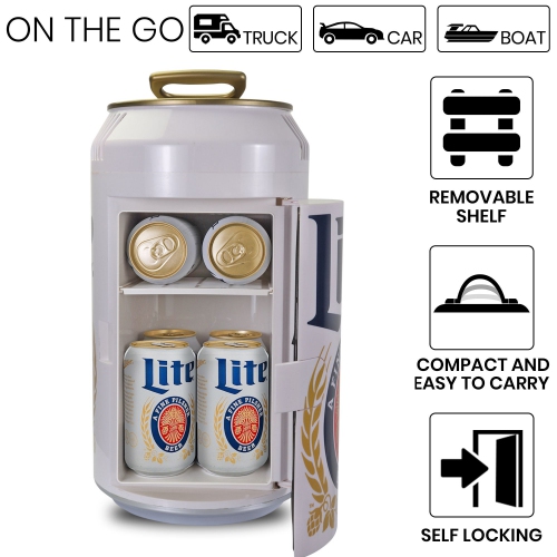 Miller Lite 8 Can Portable Mini Fridge w/ 12V DC and 110V AC Cords, 5.4L Beer Can Shaped Personal Cooler, White, Travel Fridge for Beer, Snacks,