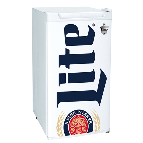 Miller Lite Compact Fridge w/ Bottle Opener, 3.2 cu ft, White, Space-Saving Flat Back Design, Reversible Door, Tempered Glass Shelves, Licensed