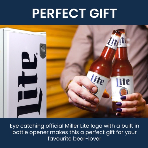 MILLER LITE  Compact Fridge W/ Bottle Opener, 3.2 Cu Ft (90L), White, Space-Saving Flat Back Design, Reversible Door, Tempered Glass Shelves