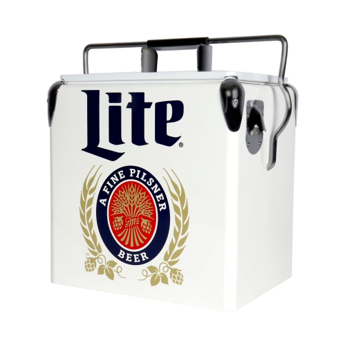 MILLER LITE  Retro Ice Chest Cooler \w Bottle Opener 13L (14 Qt), 18 Can Capacity And Red, Vintage Style Ice Bucket for Camping, Beach, Picnic, Rv