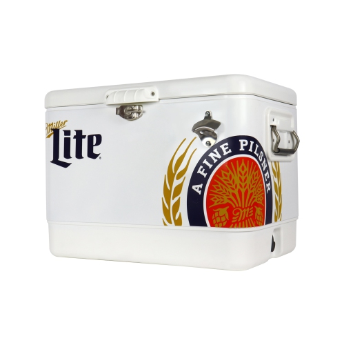 Miller Lite Ice Chest Beverage Cooler with Bottle Opener, 51L, 85 Can Steel-Belted Portable Cooler, White and Black, for Camping, Beach, RV, BBQs,