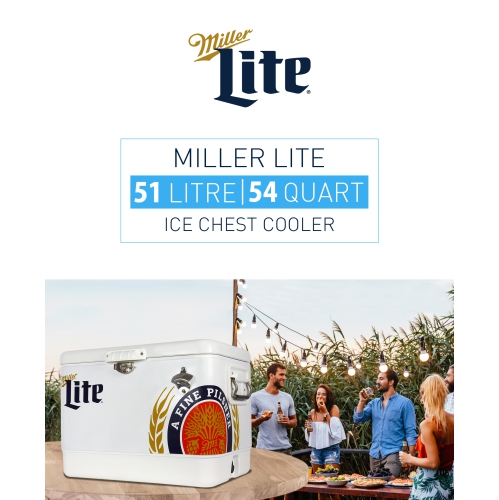 Miller Lite Ice Chest Beverage Cooler with Bottle Opener, 51L, 85 Can Steel-Belted Portable Cooler, White and Black, for Camping, Beach, RV, BBQs,