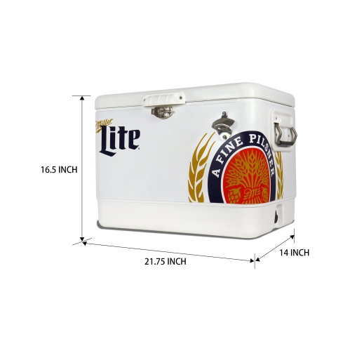 Miller Lite Ice Chest Beverage Cooler with Bottle Opener, 51L, 85 Can Steel-Belted Portable Cooler, White and Black, for Camping, Beach, RV, BBQs,