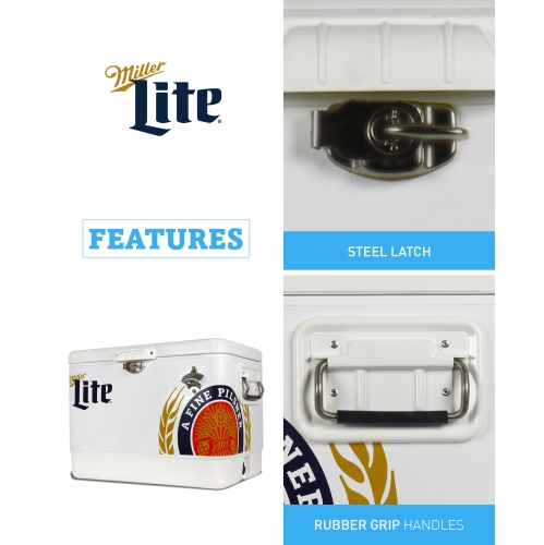 Miller Lite Ice Chest Beverage Cooler with Bottle Opener, 51L, 85 Can Steel-Belted Portable Cooler, White and Black, for Camping, Beach, RV, BBQs,