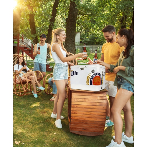 Miller Lite Ice Chest Beverage Cooler with Bottle Opener, 51L, 85 Can Steel-Belted Portable Cooler, White and Black, for Camping, Beach, RV, BBQs,