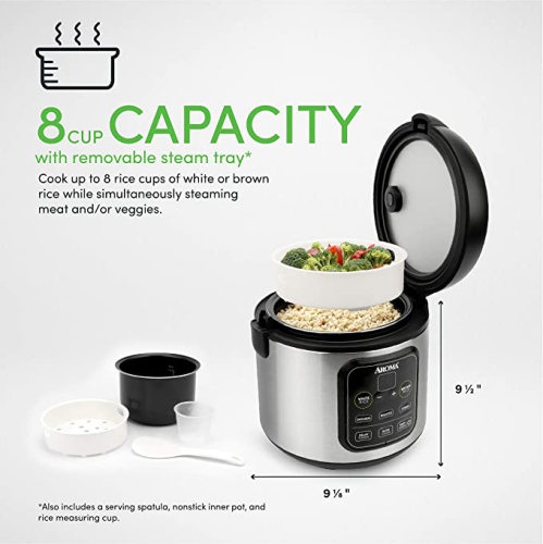 Aroma Housewares ARC-994SB Rice & Grain Cooker Slow Cook, Steam, Oatmeal, Risotto, 8-cup cooked/4-cup uncooked/2Qt, Stainless Steel