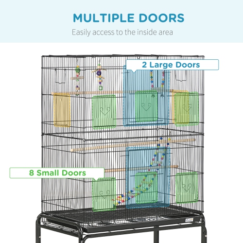 PawHut 52" Bird Cage for Budgies Cockatiels Canaries Lovebirds Finches with Rolling Stand, Toys, Removable Tray, Storage Shelf, Black